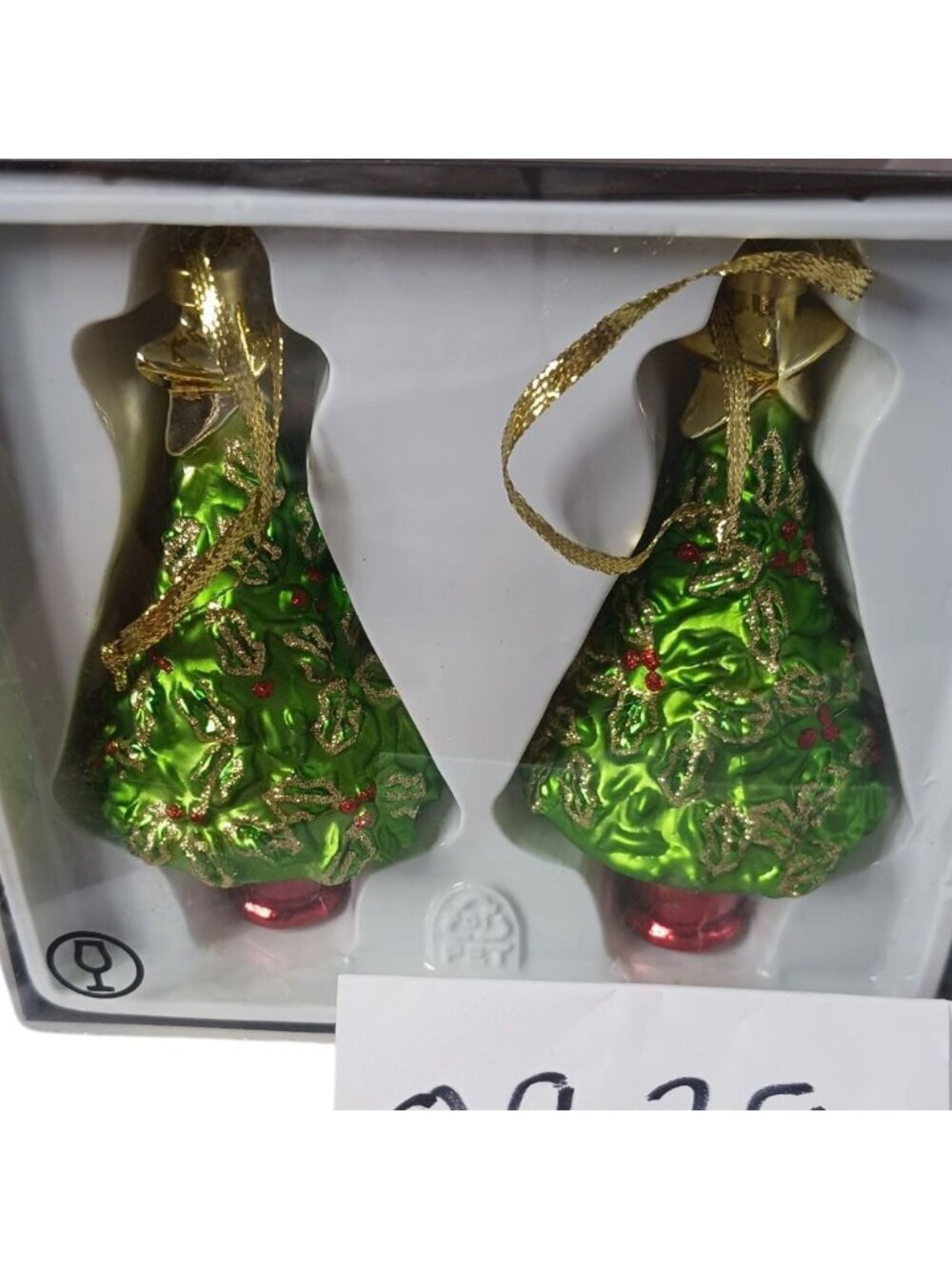 Ikea Set Of 2  Christmas Tree Ornaments With Gold Holly Pattern & Red Base